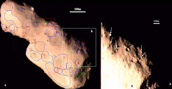 图塔蒂斯表面的各种地貌特征。