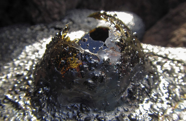 橙子大小的美丽硬玻璃泡沫,由于基拉韦厄火山喷发而形成。精致的泡沫墙壁很薄,颜色具有层次,由蜂蜜色逐渐到透明。