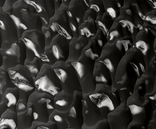 火星陨石坑表面的黑沙沙丘,这些沙丘由冷却后的熔岩岩石形成,冬天这些沙丘会被霜和干冰所覆盖。