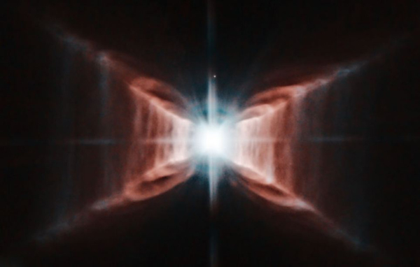 哈勃望远镜拍摄到的红矩形星云,星云中心为拥有奇特色彩的双星系统。