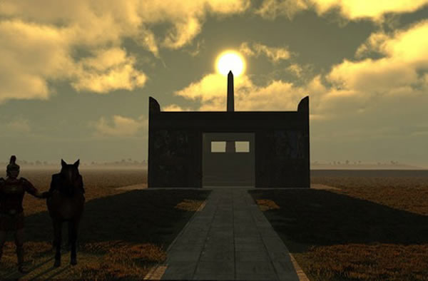 This virtual simulation shows the sun atop the obelisk with the Altar of Peace i