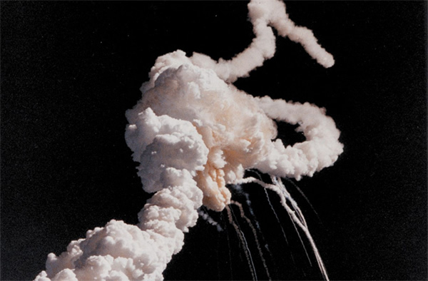 Space Shuttle Challenger after breaking up a little over a minute after launch.