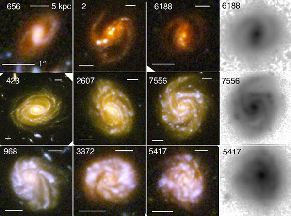 Three of the five galactic morphologies studied in this research: grand design (