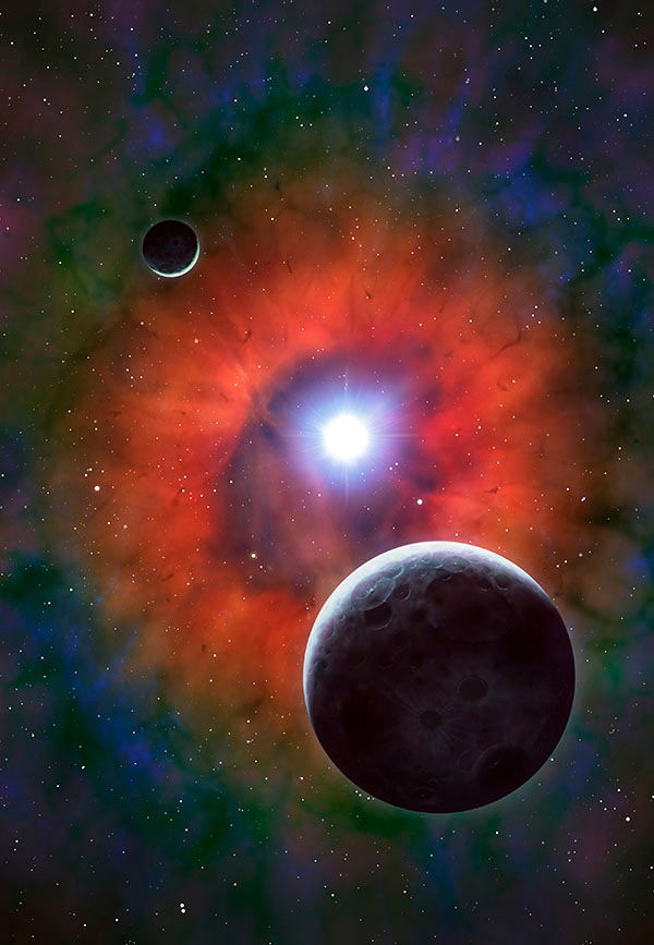 仙后座A源变成超新星的艺术家概念图,图中还有两颗行星