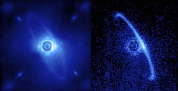 图中显示的为双子座行星成像仪拍摄的HR4796A恒星周围轨道的尘埃结构,有研究认为环的附近存在未发现的行星