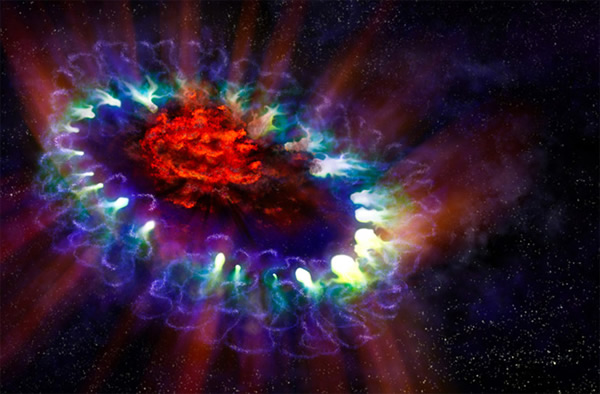 Artist conception of Supernova 1987A and its newly discovered dust cloud.