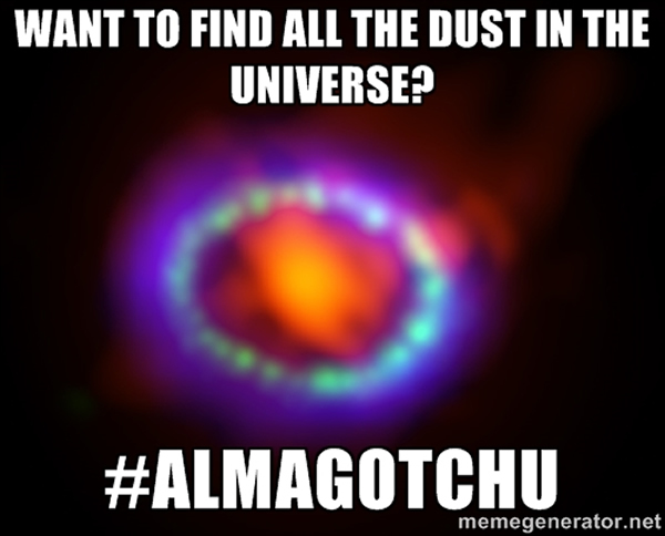 Composite image of ALMA (orange), Hubble (green), ad Chandra (blue) data from SN