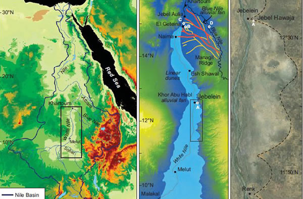 A: The entire Nile River watershed. B: Reconstruction of White Nile mega lake in