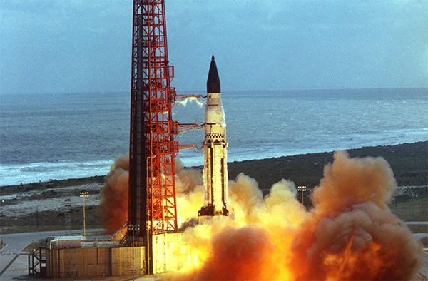 The launch of the first Saturn I Block II vehicle with eight aerodynamic fins at
