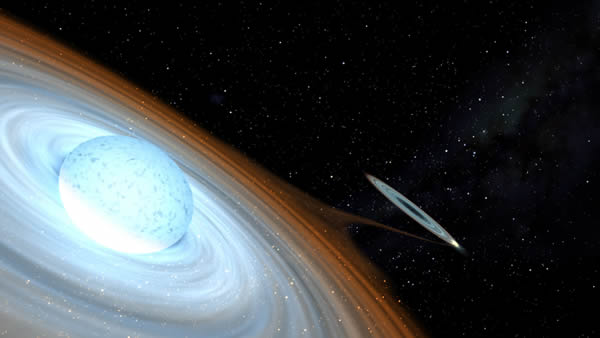 MWC656系统的艺术家概念图。该恒星旋转速度非常快，会释放一个赤道物质盘，后者通过一个吸积盘传递给黑洞。