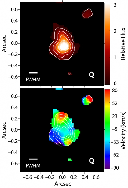 Top: A map of the hydrogen emission from DLA2222-0946. The mapped region, which