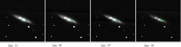 AST3—2在1月11日—1月19日获得的M82星系的图像。图中绿色方框为超新星爆发的位置。该超新星在1月11日晚上的图不可见,但在1月15日就变得较明亮。