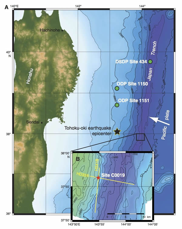 日本海岸的钻孔处,研究人员穿透了导致2011年东北大地震的板块边界