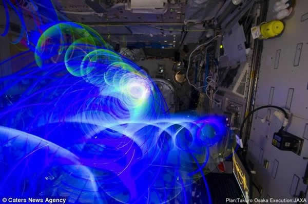 陀螺仪漂浮在空间站，不断旋转改变着色彩，若田光一使用慢镜头拍摄了陀螺仪的螺旋运动过程。