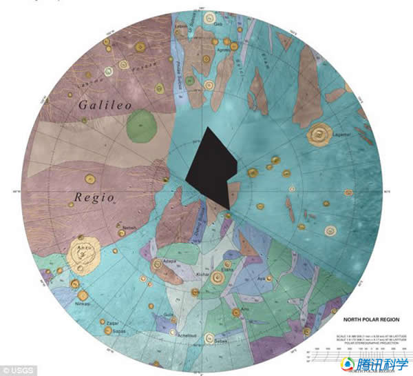 科学家绘制的木卫三地图上显示出撞击形成的痕迹