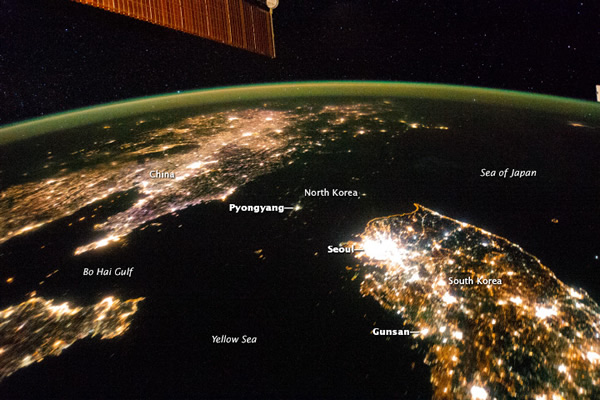 国际空间站宇航员拍摄的朝鲜半岛夜景:北韩消