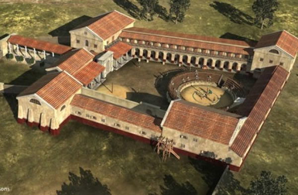 This virtual reconstruction shows the gladiator school as viewed from the south.