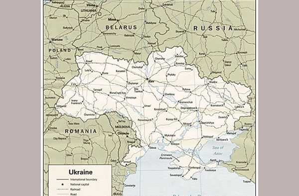 The Crimean peninsula extends off the southern coast of Ukraine into the Black S