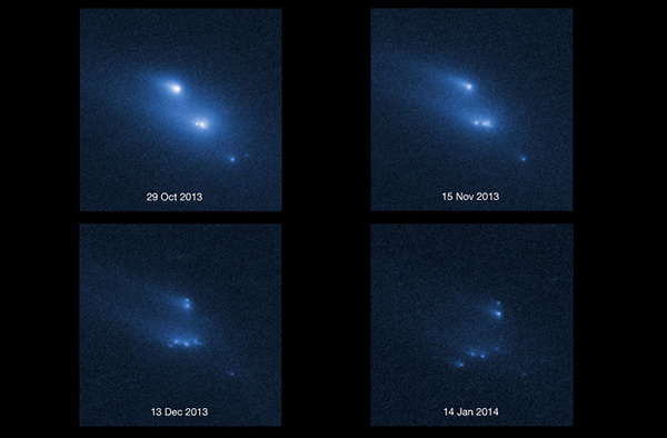 This series of images shows the asteroid P/2013 R3 breaking apart, as viewed by