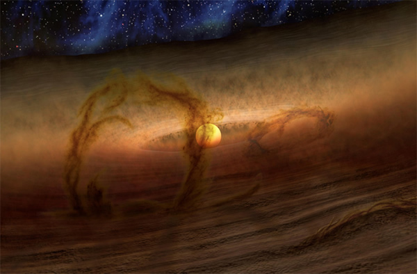 Artist impression of the magnetic loops carring gas and dust above disks of plan