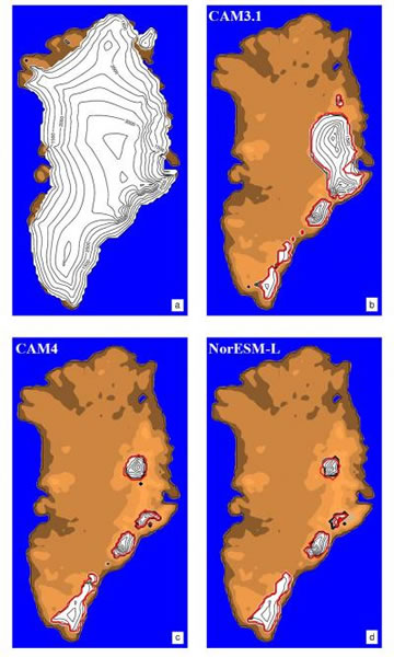 ģ����ִ�(a)������������(b~d)���������Ǳ���߶ȣ�������������������ǿ������������ģʽCAM3.1(b)��CAM4(c)��NorESM-L(d)��ģ���