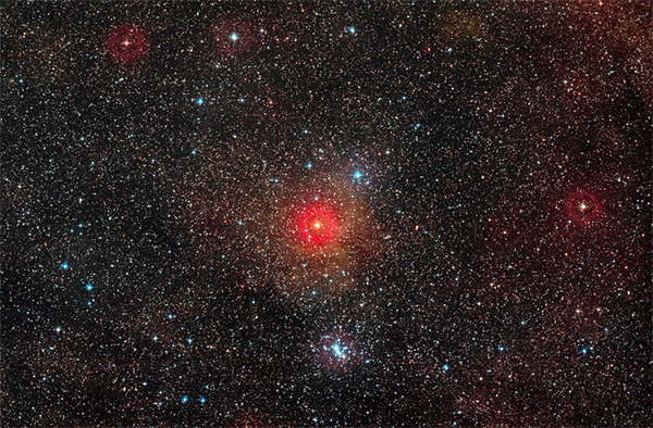 HR 5171, the brightest star in the center of this wide-field image, is a yellow