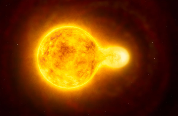 Artists impression of the co-joining binary yellow hypergiant star HR 5171.