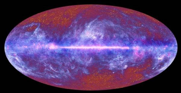 图中显示的为欧洲空间局普朗克卫星巡天绘制的微波背景辐射图,我们或已经听到了宇宙大爆炸的“回声”