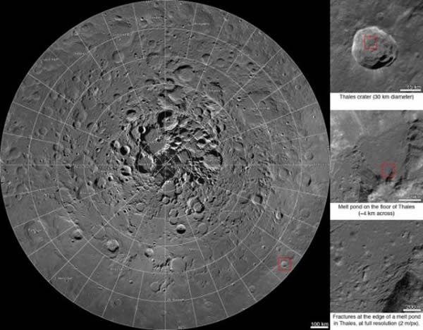 美国宇航局(NASA)近日将该局月球勘测轨道器(LRO)4年多来积累的图像数据进行处理,发布了一份月球北极地区的巨型合成图像,覆盖从月球北极到北纬60度左右的广