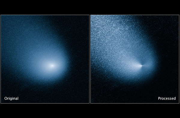 Hubble image of comet C/2013 A1 (Siding Spring), before and after processing. Cr