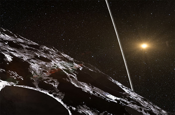 Artists impression of how the rings might look from the surface of asteroid Cha