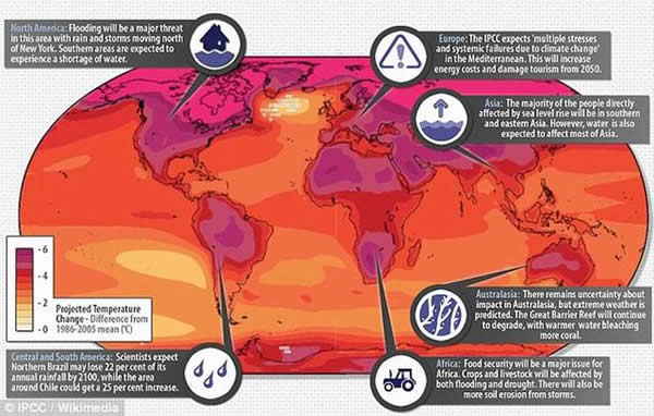 这张地图详细预测了不同大陆可能遭受的气候变化影响,政府间气候变化专门委员会(IPCC)最新研究报告称,“无人幸免”全球气候变化所带来的影响。