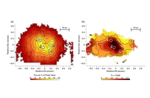 The locations of the four clusters around the black hole in the center of NGC211