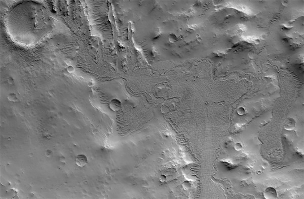 HiRISE image of a distinctive flow deposit southwest of Cerberus Fossae on Mars