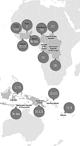 图为2001年~2008年,一些国家感染雅司病的患者数量。