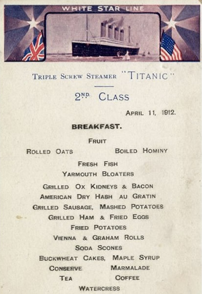 超级邮轮铁达尼号2等舱餐单