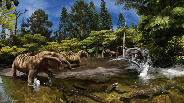 这也是为冈瓦纳影视的巡回展“二叠纪怪物”设计的一件作品。图中一群二齿兽(Dicynodon)正不怀好意地看着一只主龙(Archosaurus),后者正在捕食一条