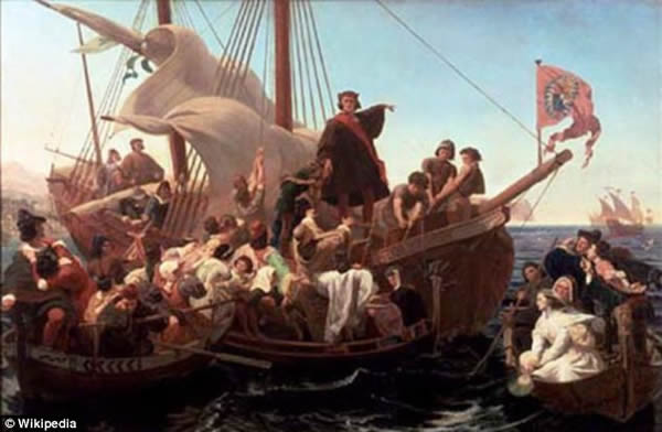 艺术家笔下，「圣玛丽号」在伊斯帕尼奥拉岛外海里触礁沉没时的画面。