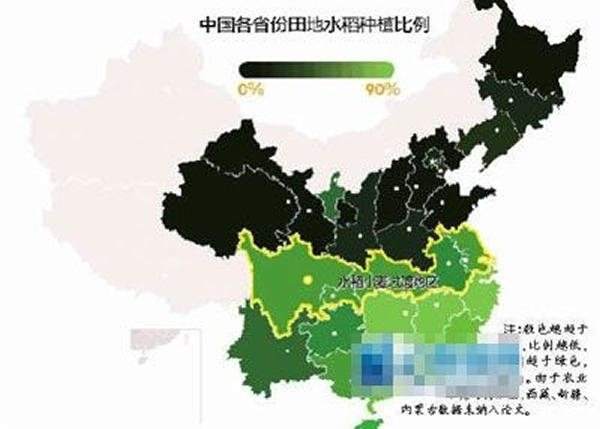 较浅色的地区表明种植水稻的比例较高。