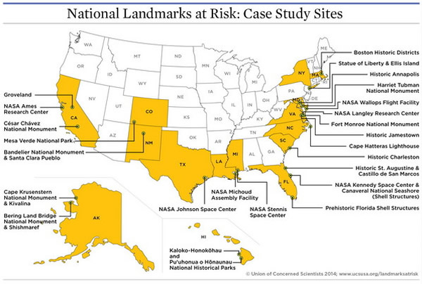 「国家地标岌岌可危」报告中,30个面临大崩坏的地标分布图。