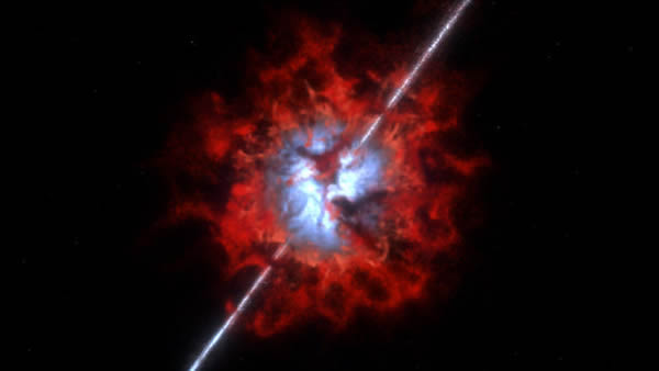 这张艺术家概念图描绘了基于ALMA的观测伽马射线爆发GRB020819B的环境