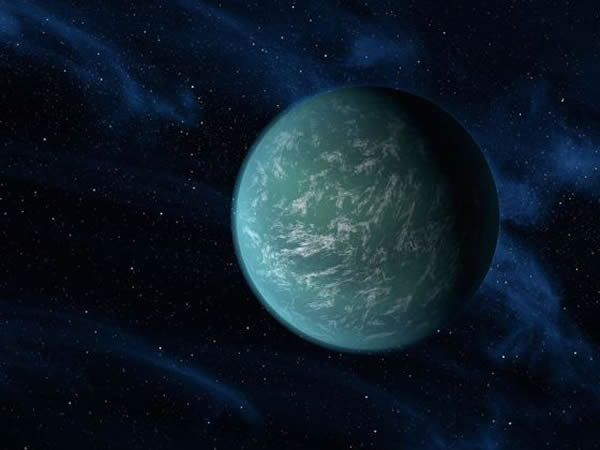 艺术示意图：Kepler-22b。这是一颗围绕着一颗与太阳相似的恒星运行，并且轨道距离适当的系外行星