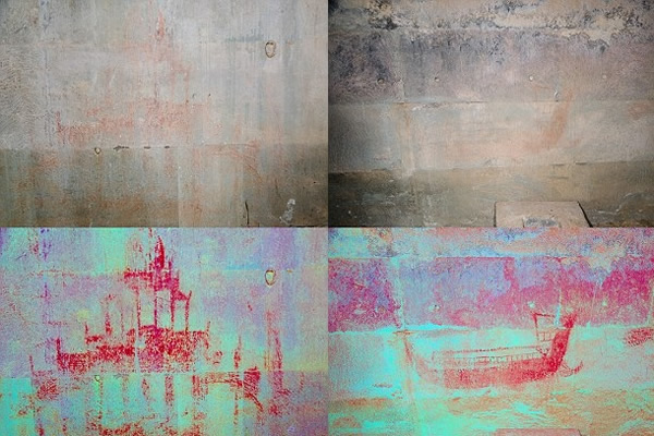 专家用尖端技术,令墙壁(上)的画作重现(下)。