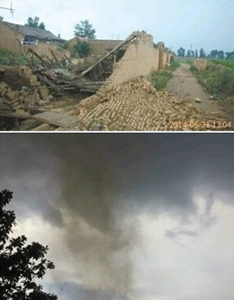 龙卷风(下图)吹袭过后,多家房屋受灾后损毁严重(上图)。