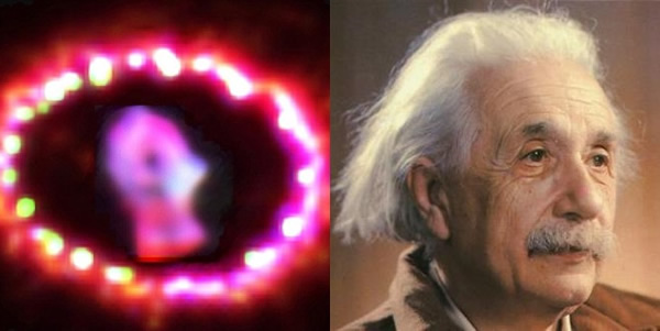 弗兰森研究SN 1987A(左图)的光粒子抵达地球的时间,对爱因斯坦(右图)的光速理论提出质疑。