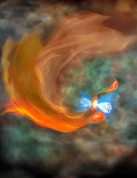 以ALMA电波望远镜的观测结果为基础描绘的想象图。在被蓝色气体云夹着的原始星(刚刚诞生的星体)下部,红色团块为“星体的种子”