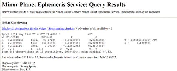 小行星“王晓彬星”的基本参数