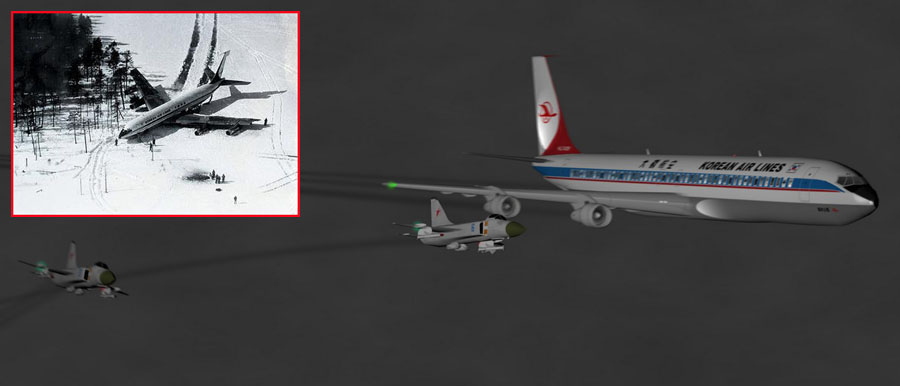 1978年4月20,大韩航空Flight 902被苏15战斗机在摩尔曼斯克击中,飞机在一个冰湖上紧急降落,大部分人员生还(107名乘客加机组),2人不幸罹难。