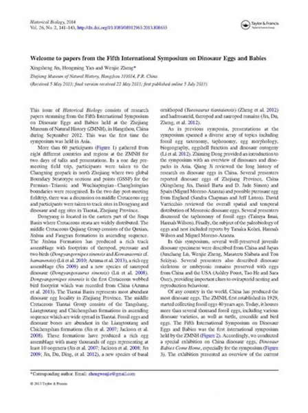英国《历史生物学》特为第五届“恐龙蛋与恐龙宝宝”国际学术讨论会出版论文专辑
