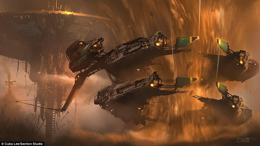 这张图片命名为“燃气采集”,艺术家库巴-李描绘了类似地球循环煤气厂的大型储气室,炽热的气体流经漂浮的储气舱,它们附在一个大型动力设备上。